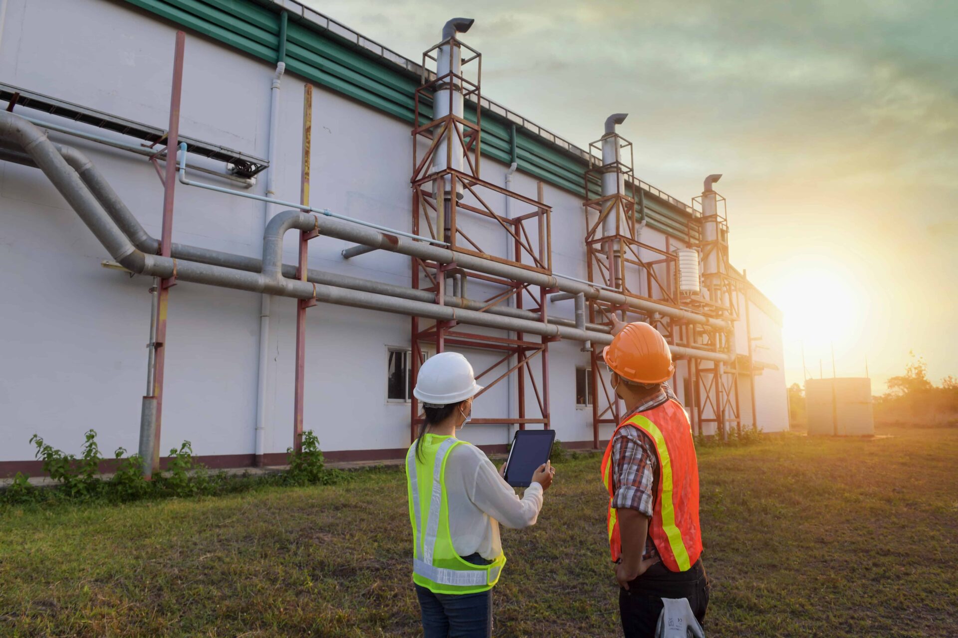 facilities operators discusses technical documentation with his help in the territory of a modern plant.Engineers working in the power plant area